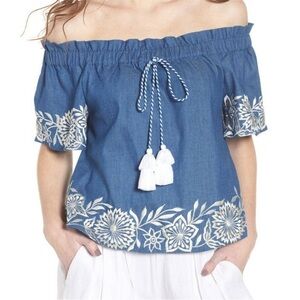 NWT MISA LA Embroidered Chambray Off Shoulder Top